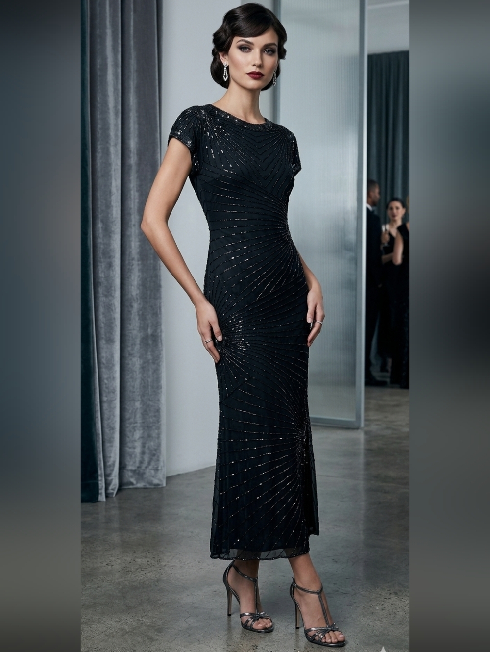 Vintage Brilliante By JA Dress Black Beaded Sequins Maxi Lined Zip Size Large